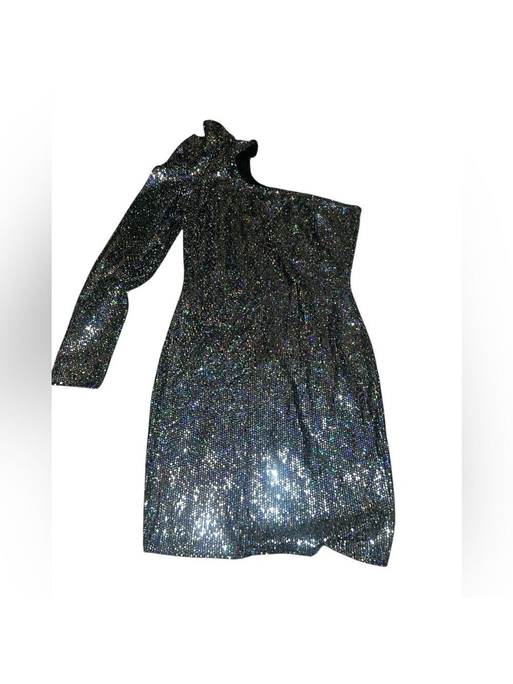 Sabora Glitter Sequin Multi Color One Shoulder Long Sleeve Mini Dress Medium